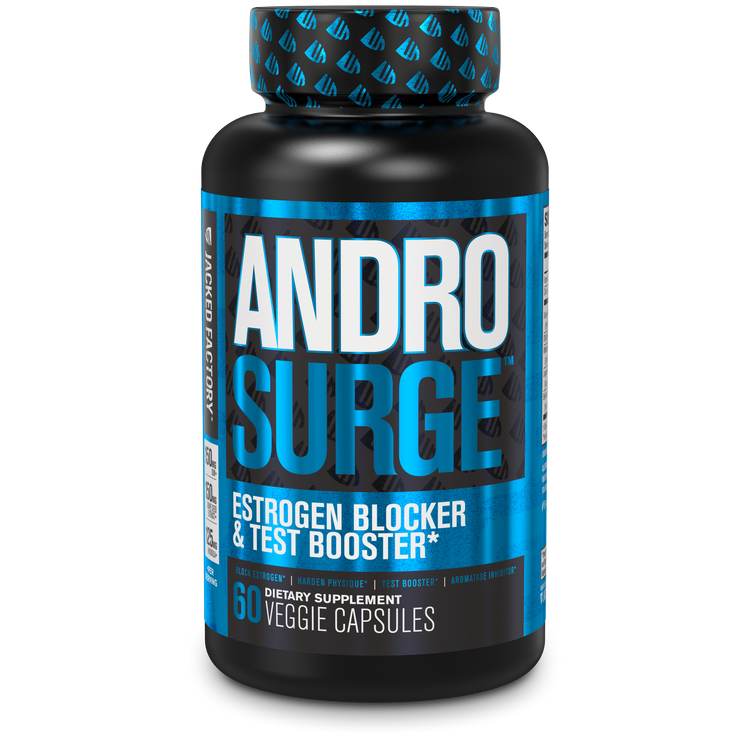 Jacked Factory's Androsurge Estrogen blocker supplement, 60 capsules in a black bottle with blue label