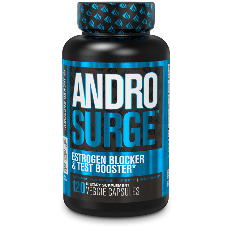 Jacked Factory's Androsurge Estrogen blocker supplement, 120 capsules in a black bottle with blue label