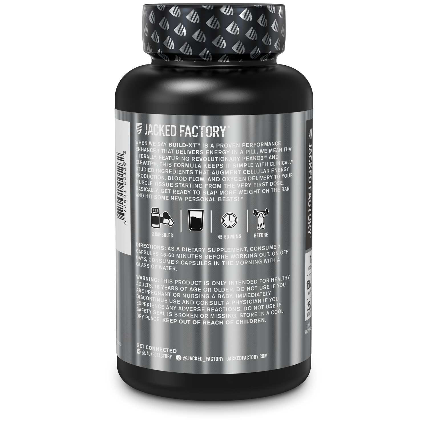 Side of the Jacked Factory's Build-XT 60 veggie capsules in a black bottle with metallic silver label showing the  product information