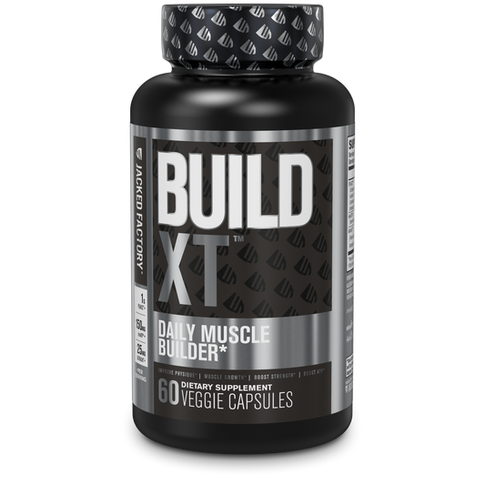 Jacked Factory's Build-XT 60 veggie capsules in a black bottle with metallic silver label