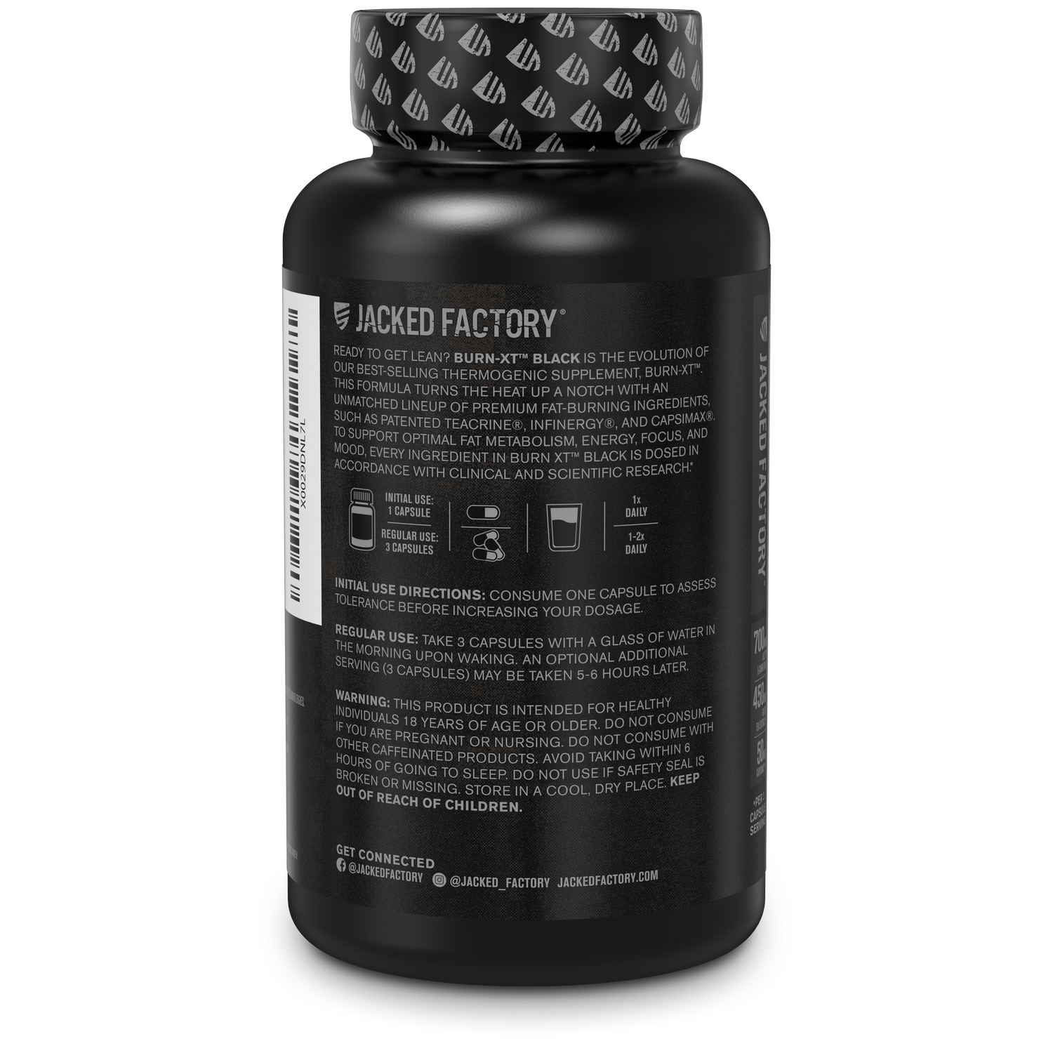 Side of Jacked Factory's Burn-XT Black 90 veggie capsules in a black bottle with black label showing product description