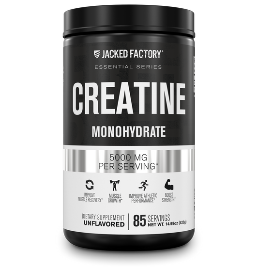 Jacked Factory's Creatine Monohydrate 5000mg (85 servings) in a black bottle with white and grey label