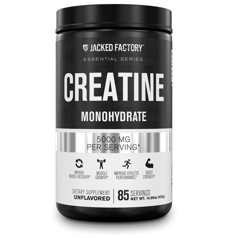Jacked Factory's Creatine Monohydrate 5000mg (85 servings) in a black bottle with white and grey label