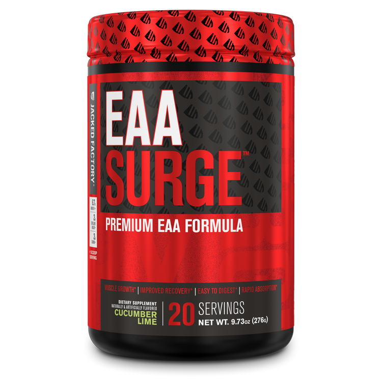 Jacked Factory's Cucumber Lime EAA Surge (20 servings) in a black bottle with red label