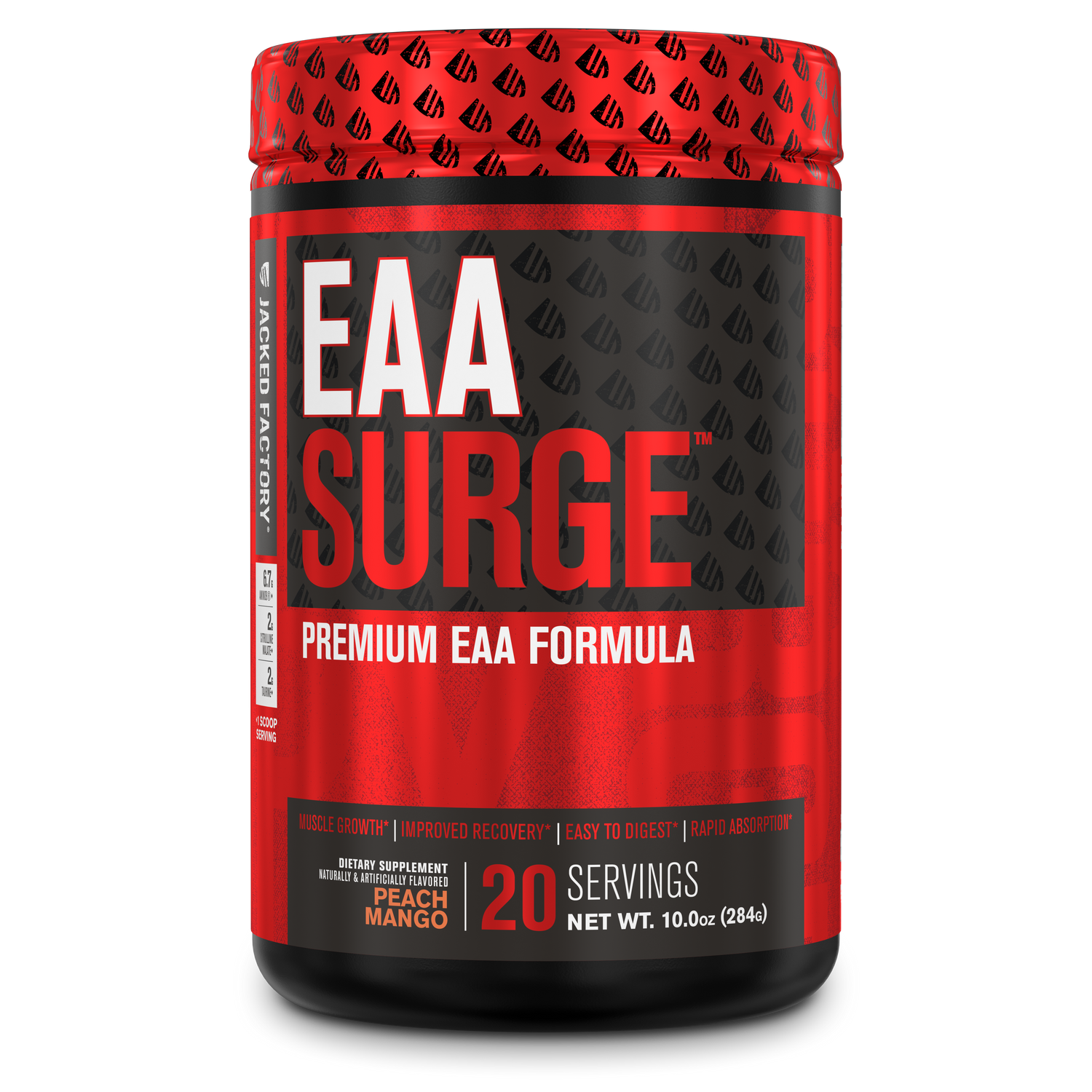 Jacked Factory's Peach Mango EAA Surge (20 servings) in a black bottle with red label