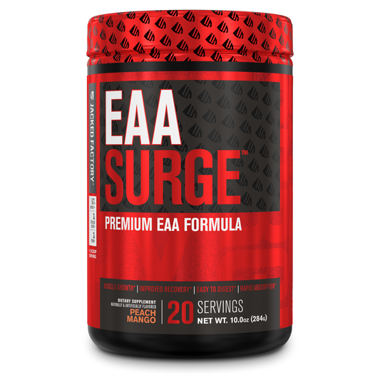 Jacked Factory's Peach Mango EAA Surge (20 servings) in a black bottle with red label