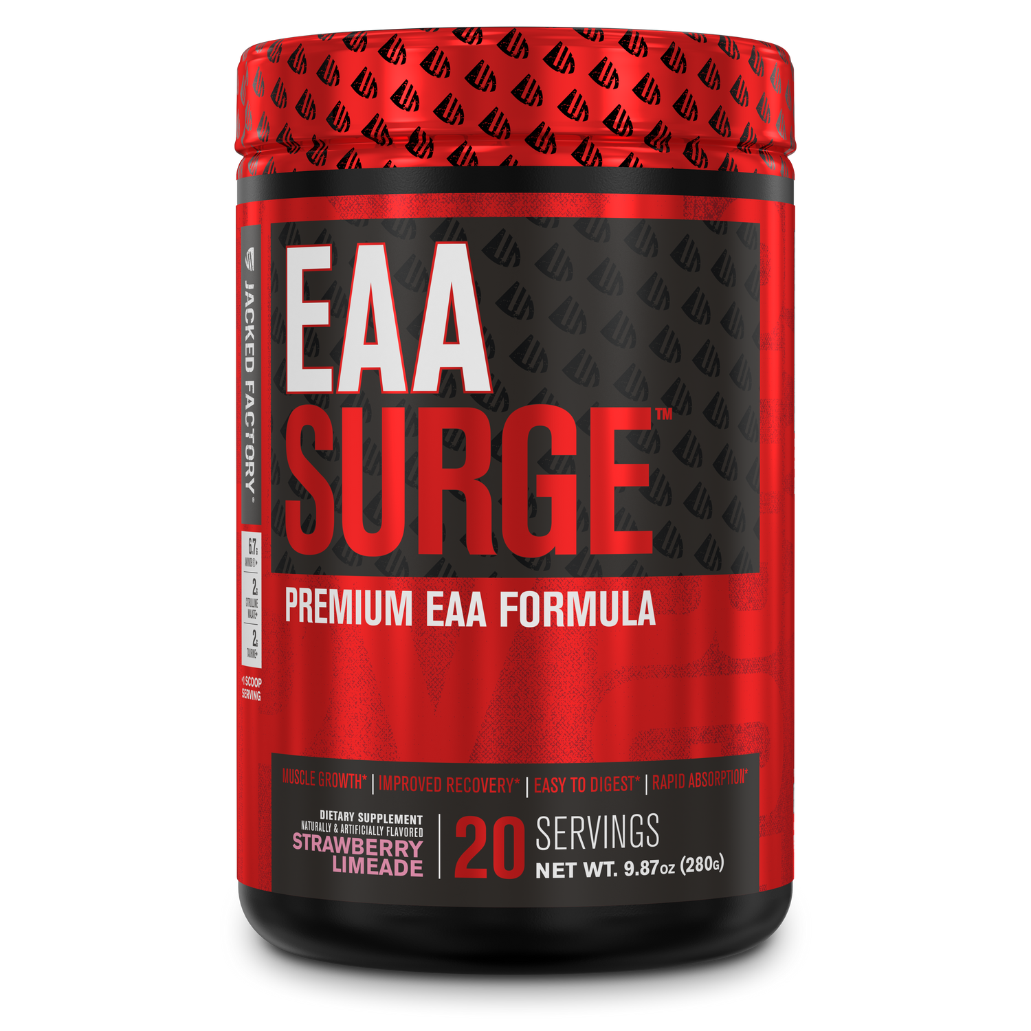 Jacked Factory's Strawberry Limeade EAA Surge (20 servings) in a black bottle with red label