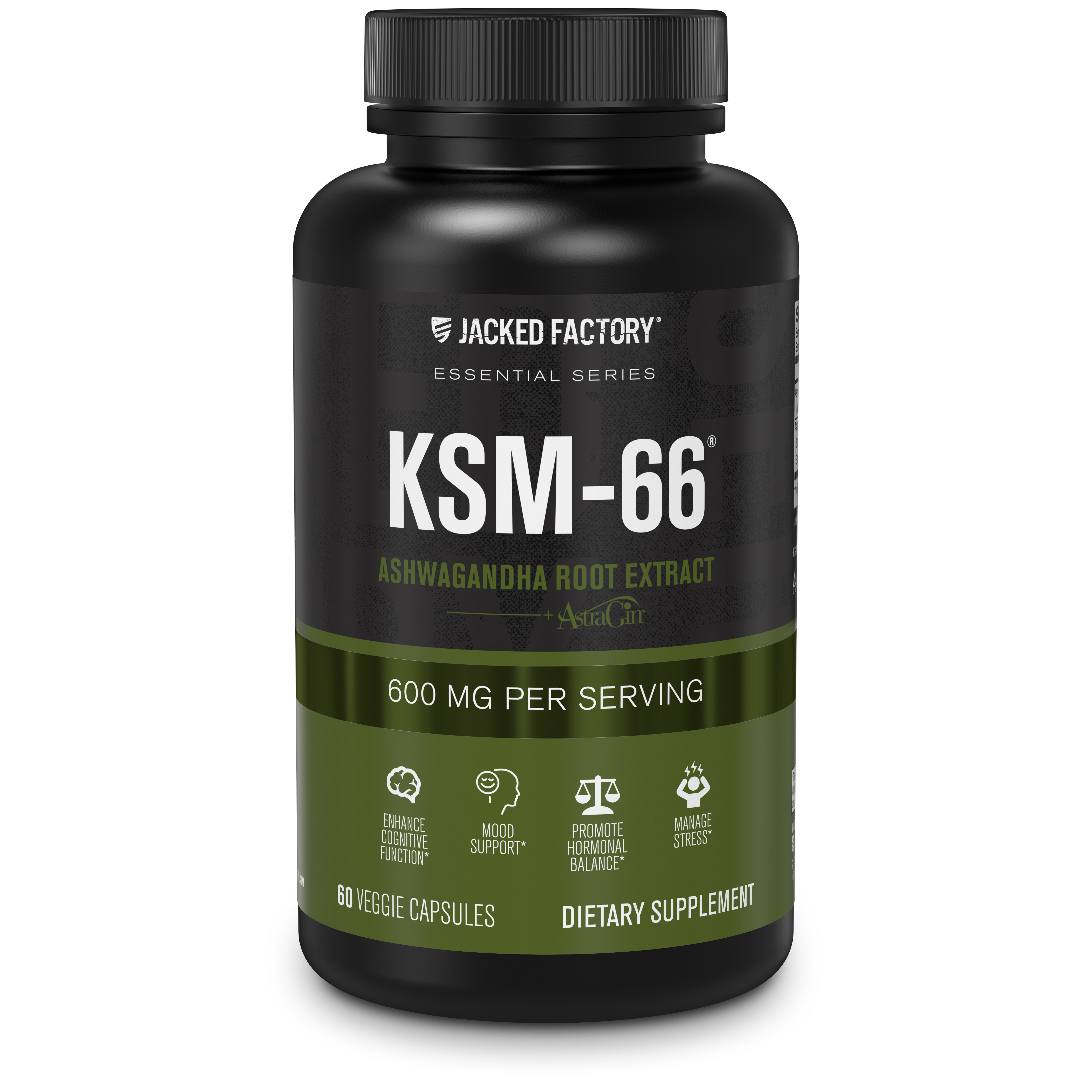 Front of Jacked Factory's KSM-66 (60 capsules) in a black bottle with metallic green label
