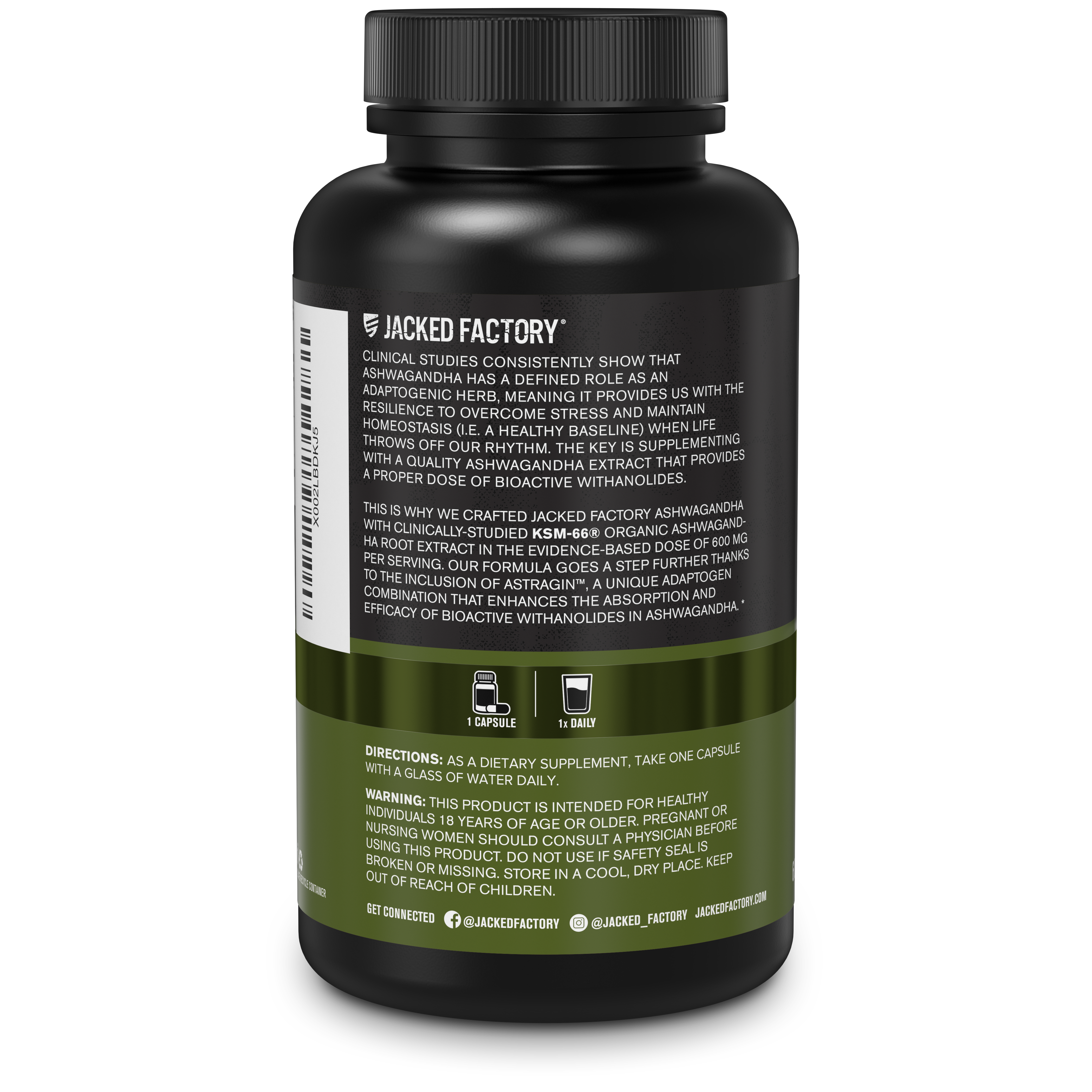 Side of Jacked Factory's KSM- 66 (60 capsules) in a black bottle with metallic green label showing product information