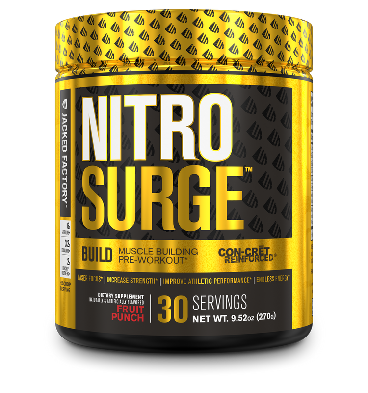 Jacked Factory Nitro Surge Build Fruit Punch in a black tub with a gold and black label and a gold lid