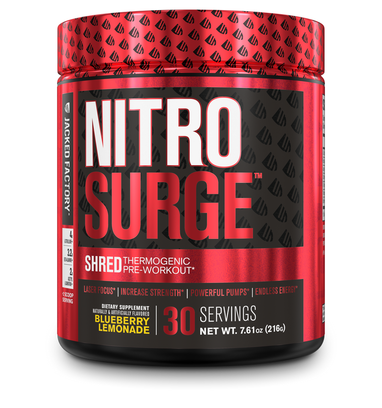 Jacked Factory's Blueberry Lemonade Nitrosurge Shred (30 servings) in a black bottle with red label