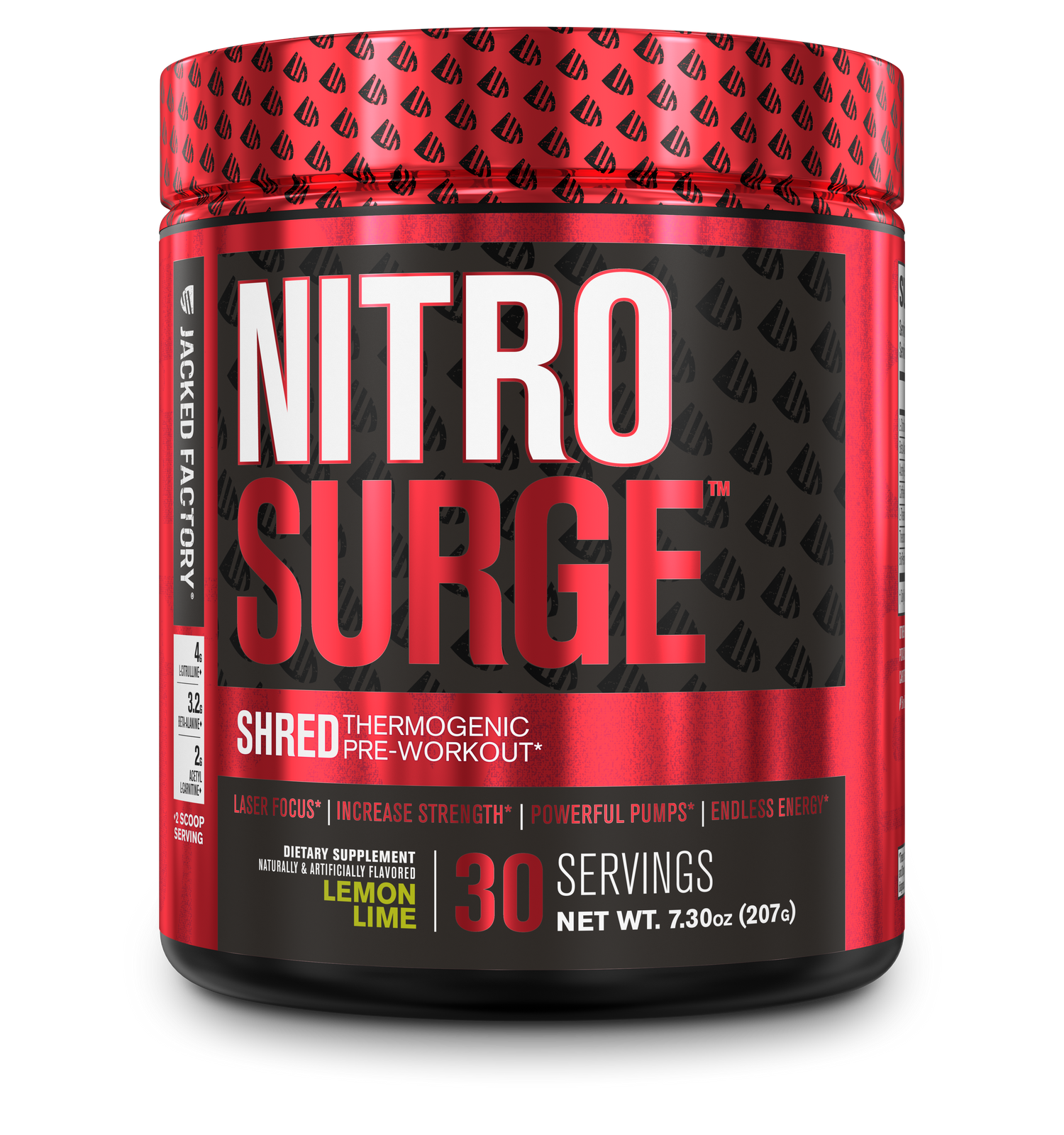 Jacked Factory's Lemon Lime Nitrosurge Shred (30 servings) in a black bottle with red label