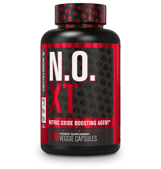Jacked Factory's N.O. XT (180 veggie capsules) in a black bottle with red label