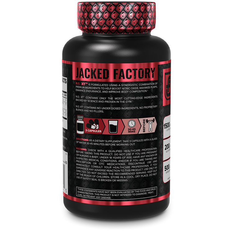 Side of Jacked Factory's N.O. XT (90 veggie capsules) in a black bottle with red label showing product description