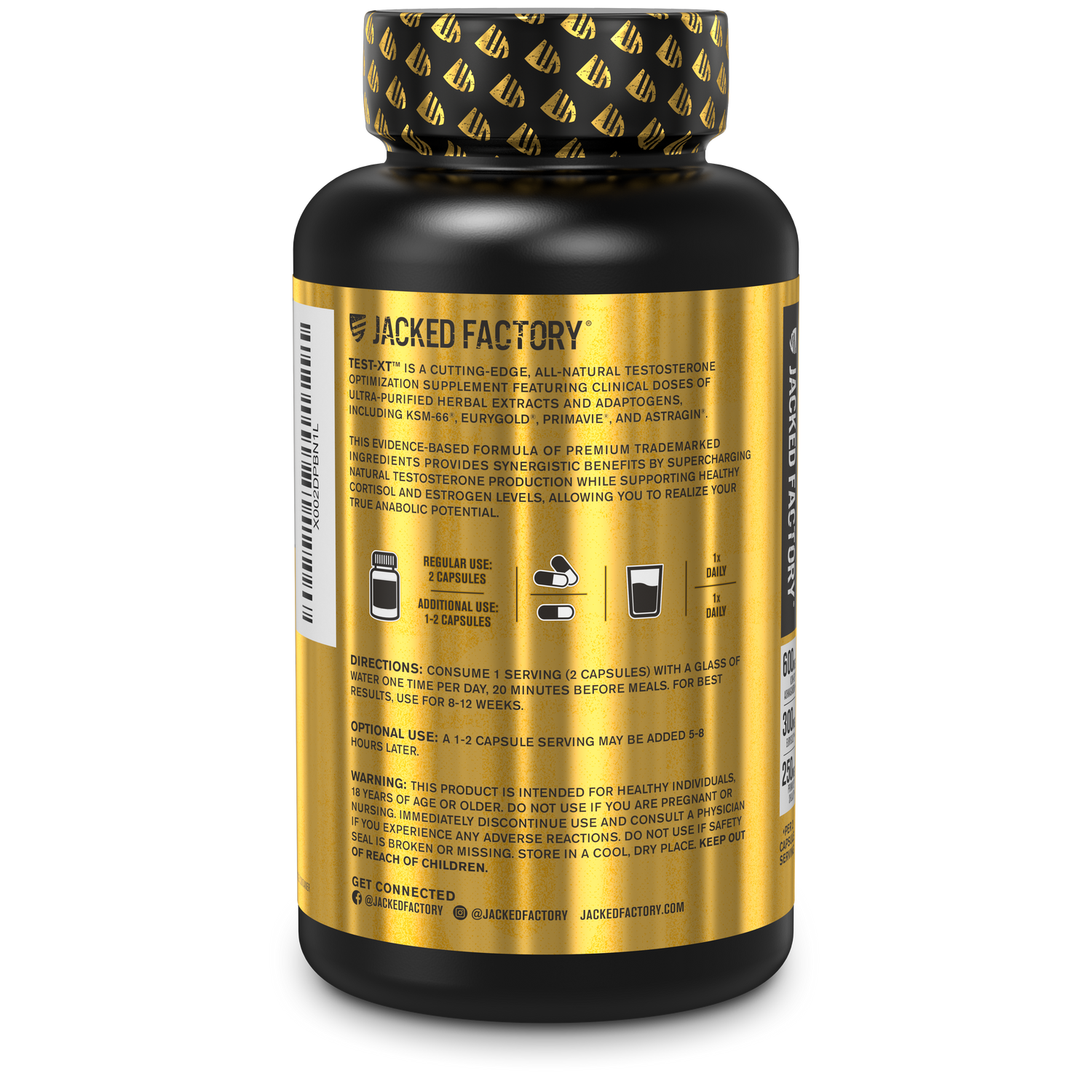 Side of Jacked Factory's Test XT Black (60 veggie capsules) in a black bottle with a gold and white label showing product information