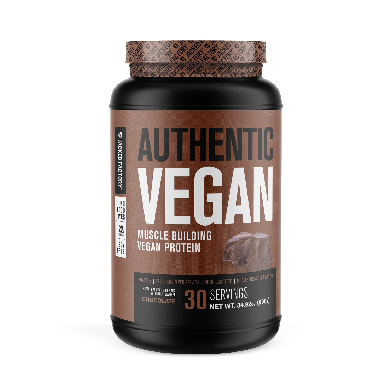 Jacked Factory's 30 servings Chocolate Authentic Vegan in a black tub with cream coloured label showing a chocolate chunk image