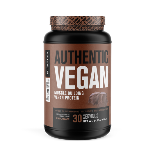 Jacked Factory's 30 servings Chocolate Authentic Vegan in a black tub with cream coloured label showing a chocolate chunk image