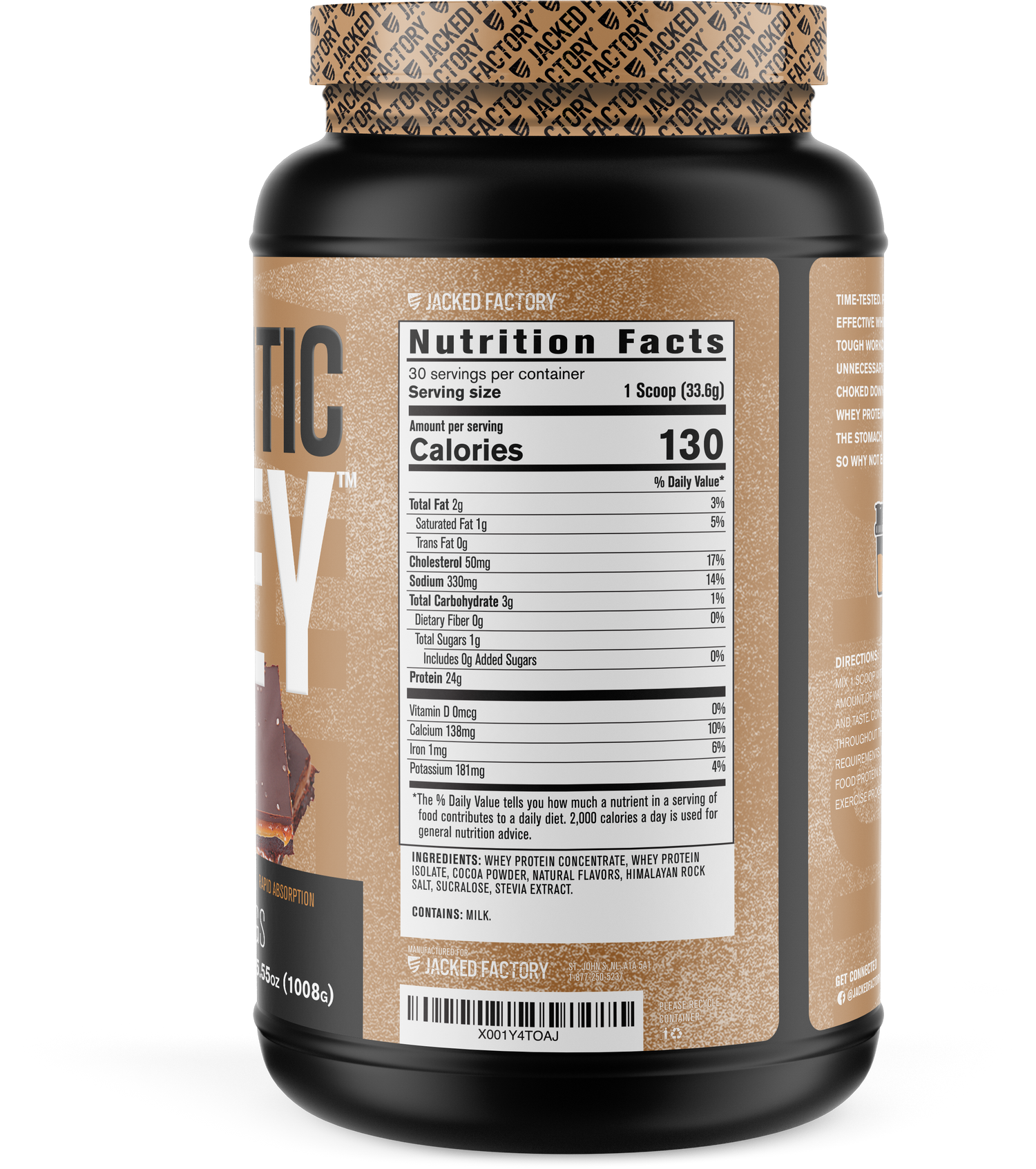 Side of Black bottle with a light brown label for Salted Chocolate Caramel Authentic Whey (30 servings) showing nutritional information