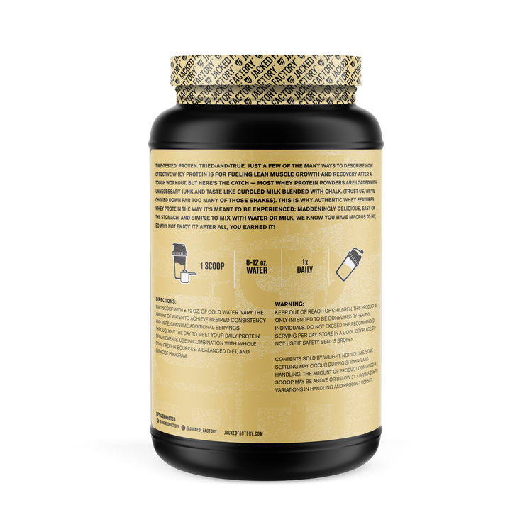 Side of Black bottle with a cream colored label for Vanilla Authentic Whey (30 servings) showing recommeded usage