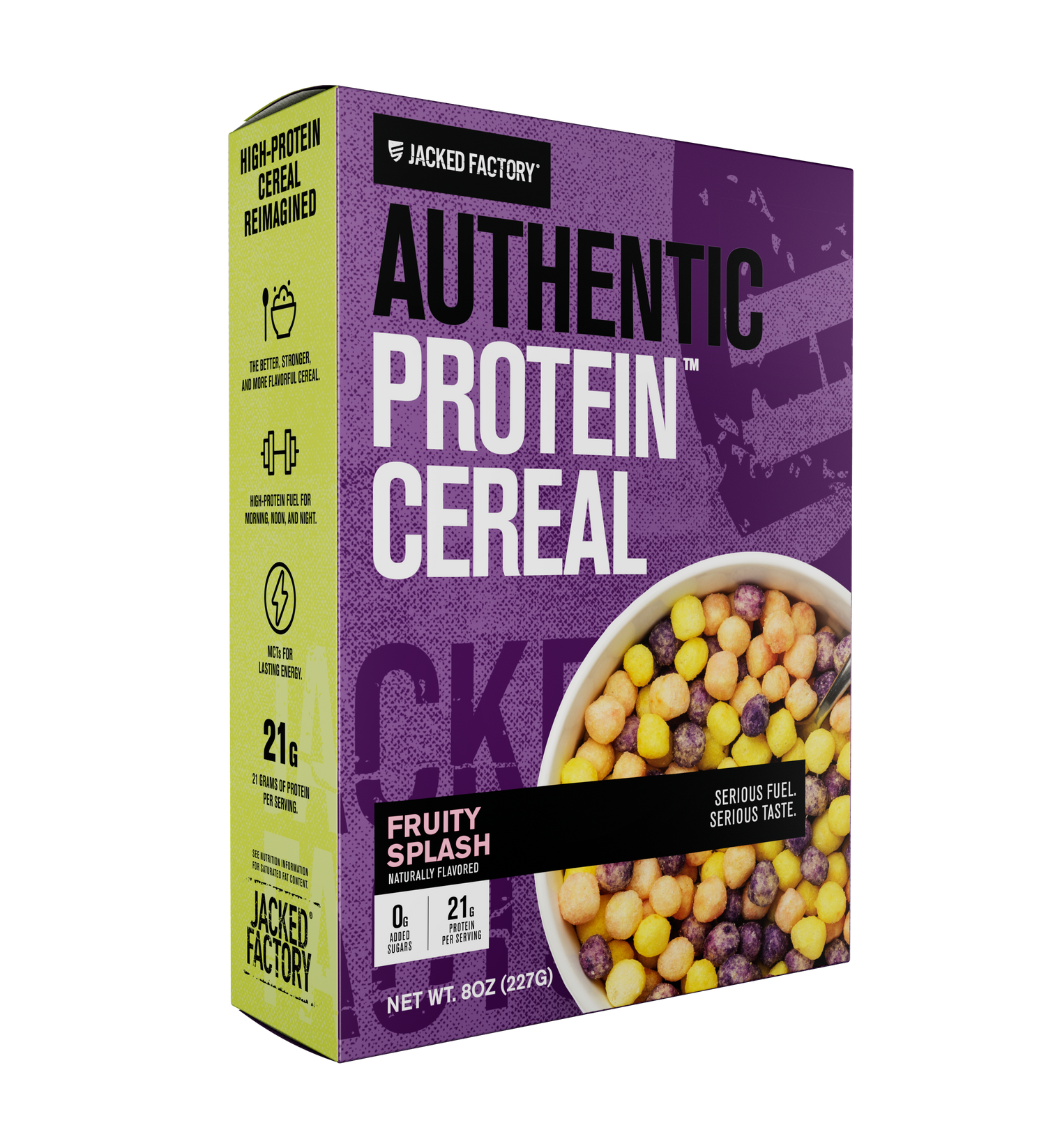 Purple cereal box with Authentic Protein Cereal - Fruity Splash written on it and a bowl of yellow and purple cereal puffs