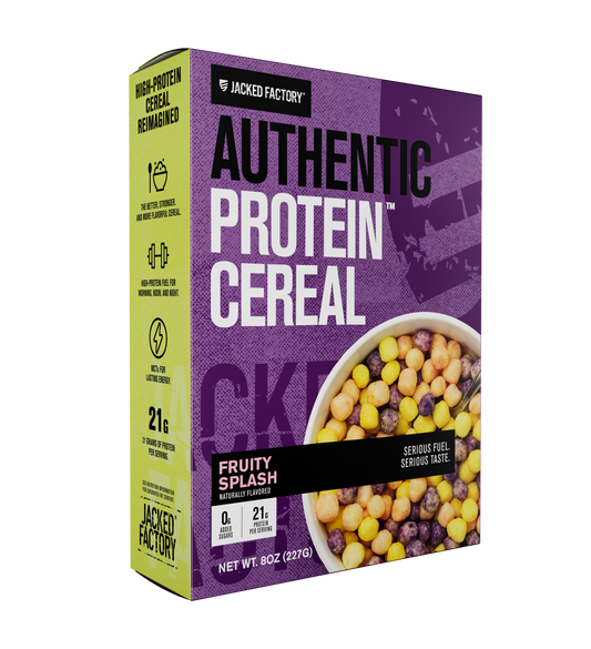 Purple cereal box with Authentic Protein Cereal - Fruity Splash written on it and a bowl of yellow and purple cereal puffs