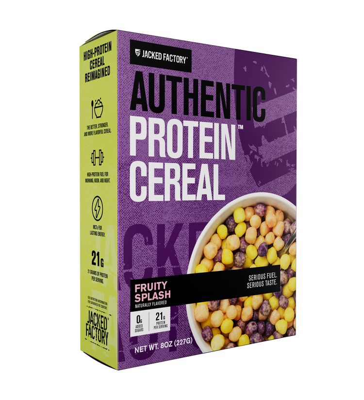 Purple cereal box with Authentic Protein Cereal - Fruity Splash written on it and a bowl of yellow and purple cereal puffs