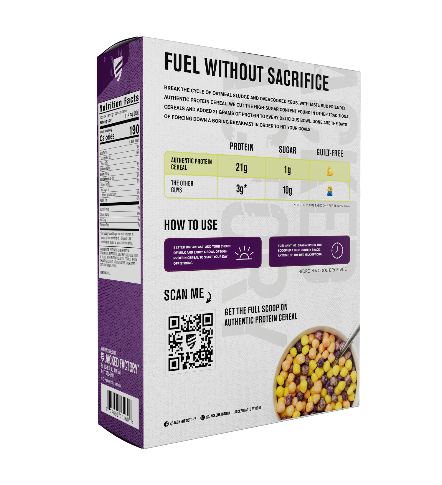Back of purple cereal box with Authentic Protein Cereal - Fruity Splash with product description
