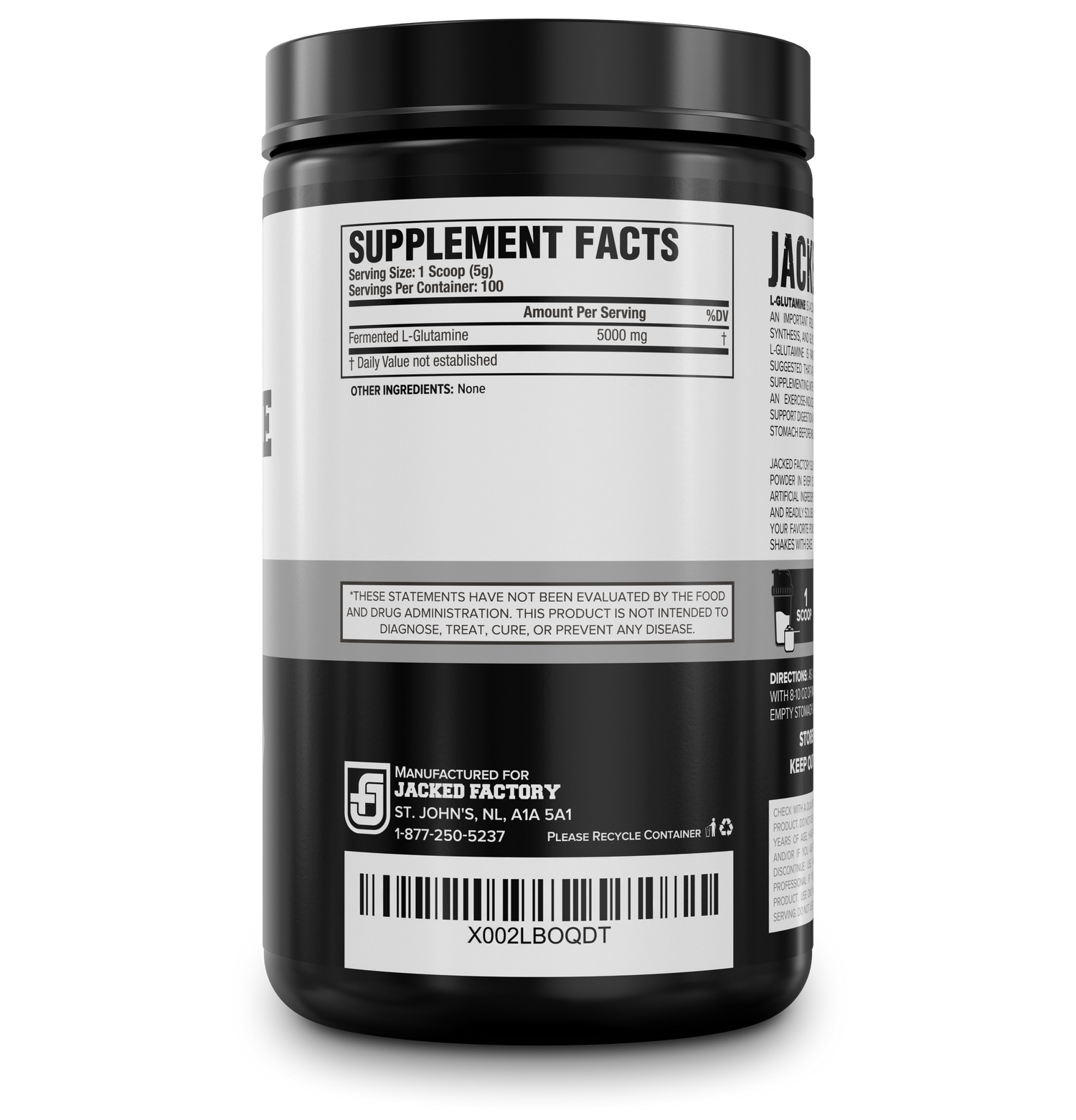 Side of Jacked Factory's L-Glutamine Fermented (100 servings) in a black bottle with white and grey label showing nutritional information