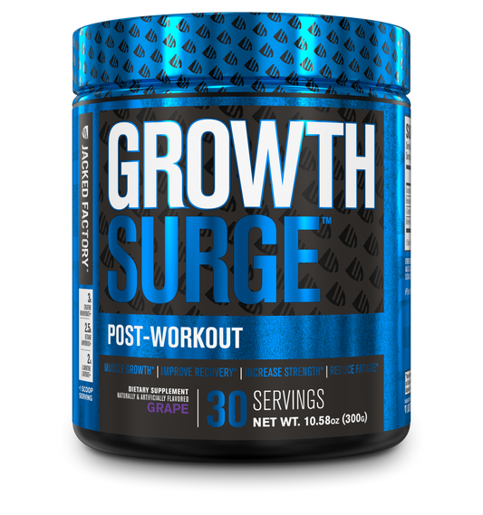 Jacked Factory's Grape Growth Surge (30 servings) in a black bottle with blue label