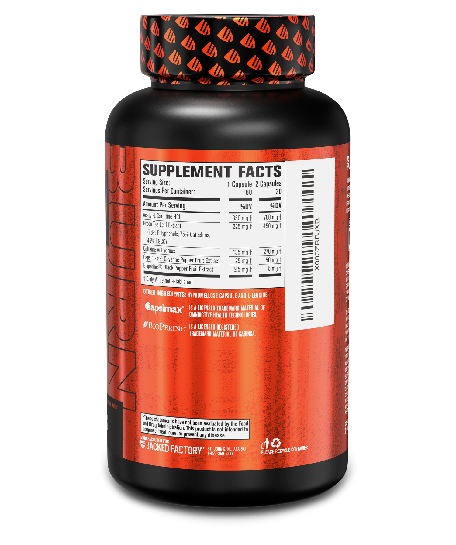 Side of Jacked Factorys Burn-Xt 60 veggie capsules in a black bottle with metallic orange label showing nutritional information