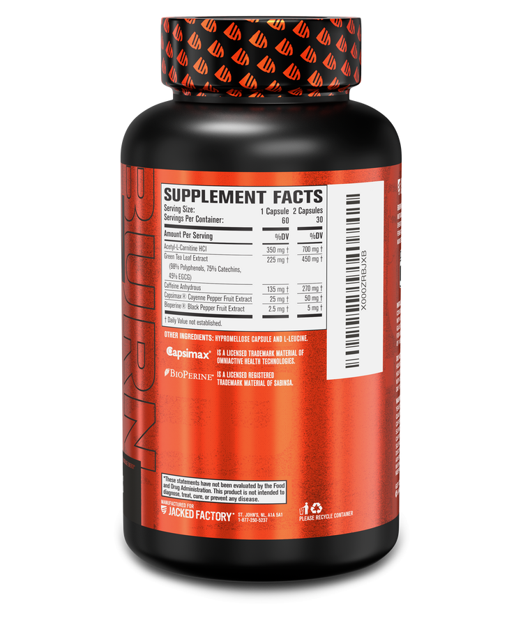 Side of Jacked Factorys Burn-Xt 60 veggie capsules in a black bottle with metallic orange label showing nutritional information