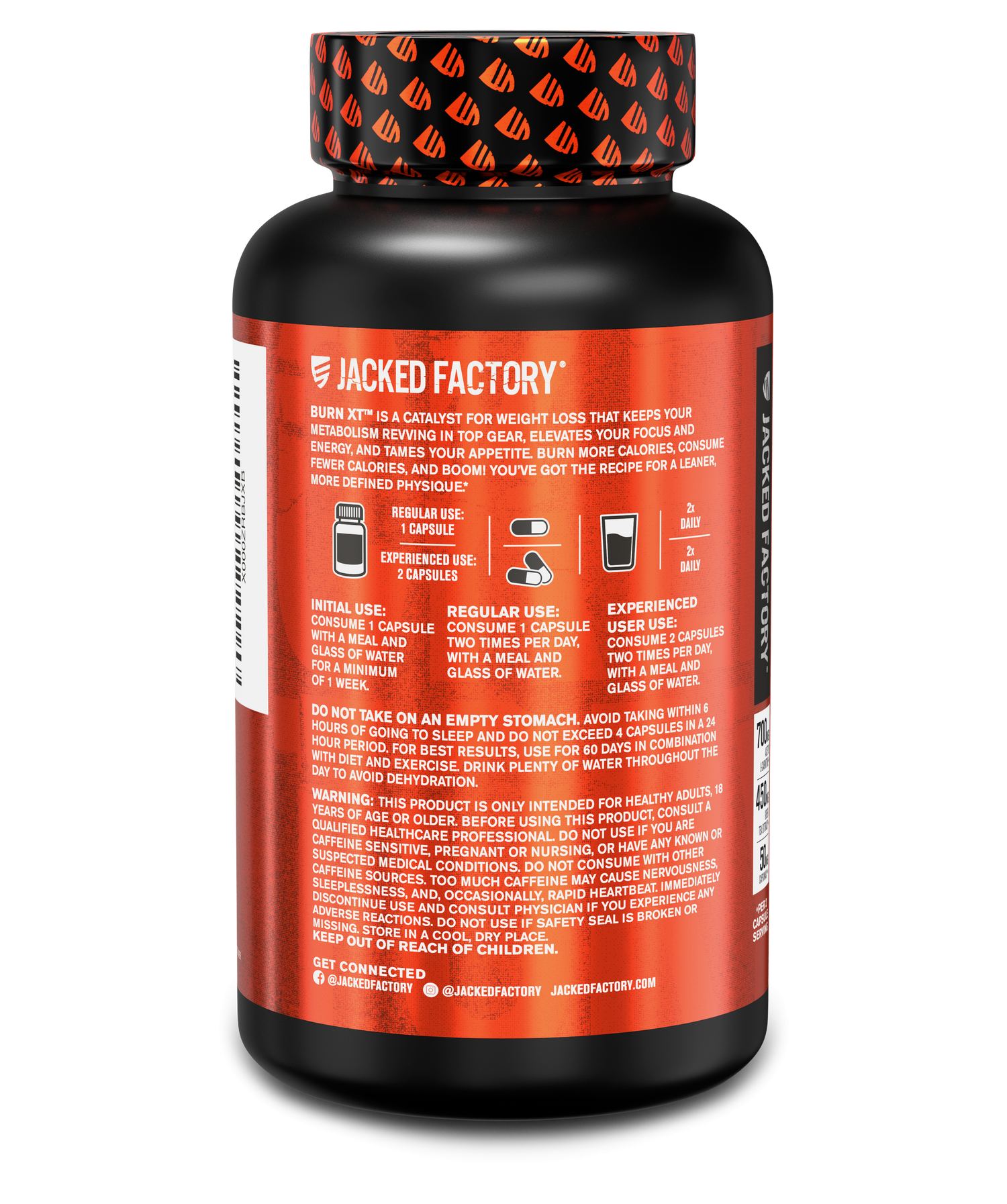 Side of Jacked Factorys Burn-Xt 60 veggie capsules in a black bottle with metallic orange label showing product description