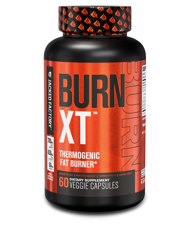 Jacked Factorys Burn-Xt 60 veggie capsules in a black bottle with metallic orange label