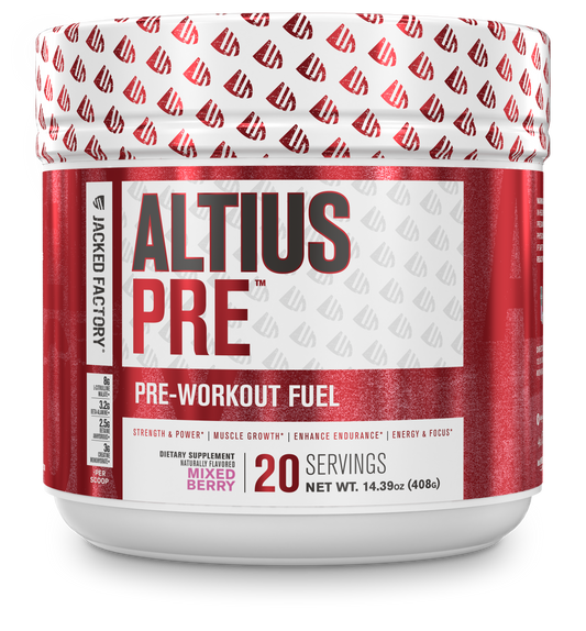 Jacked Factory's mixed berry flavored Altius pre-workout in a white bottle with red labelling