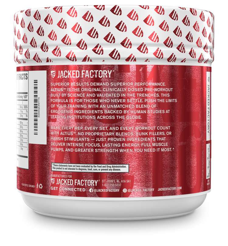 Side of Jacked Factory's mixed berry flavored Altius pre-workout in a white bottle with red labelling showing product description