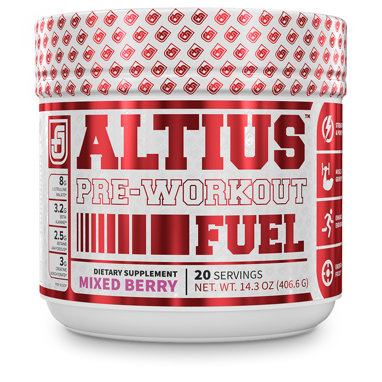 Jacked Factory's mixed berry flavored Altius pre-workout in a white bottle with red labelling