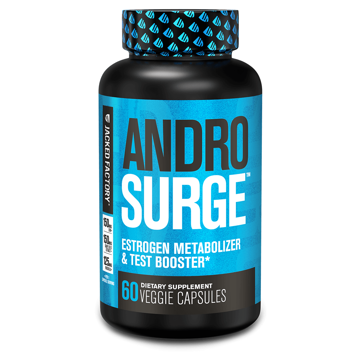 Jacked Factory's Androsurge Estrogen blocker supplement, 60 capsules in a black bottle with blue label