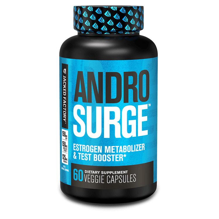 Jacked Factory's Androsurge Estrogen blocker supplement, 60 capsules in a black bottle with blue label