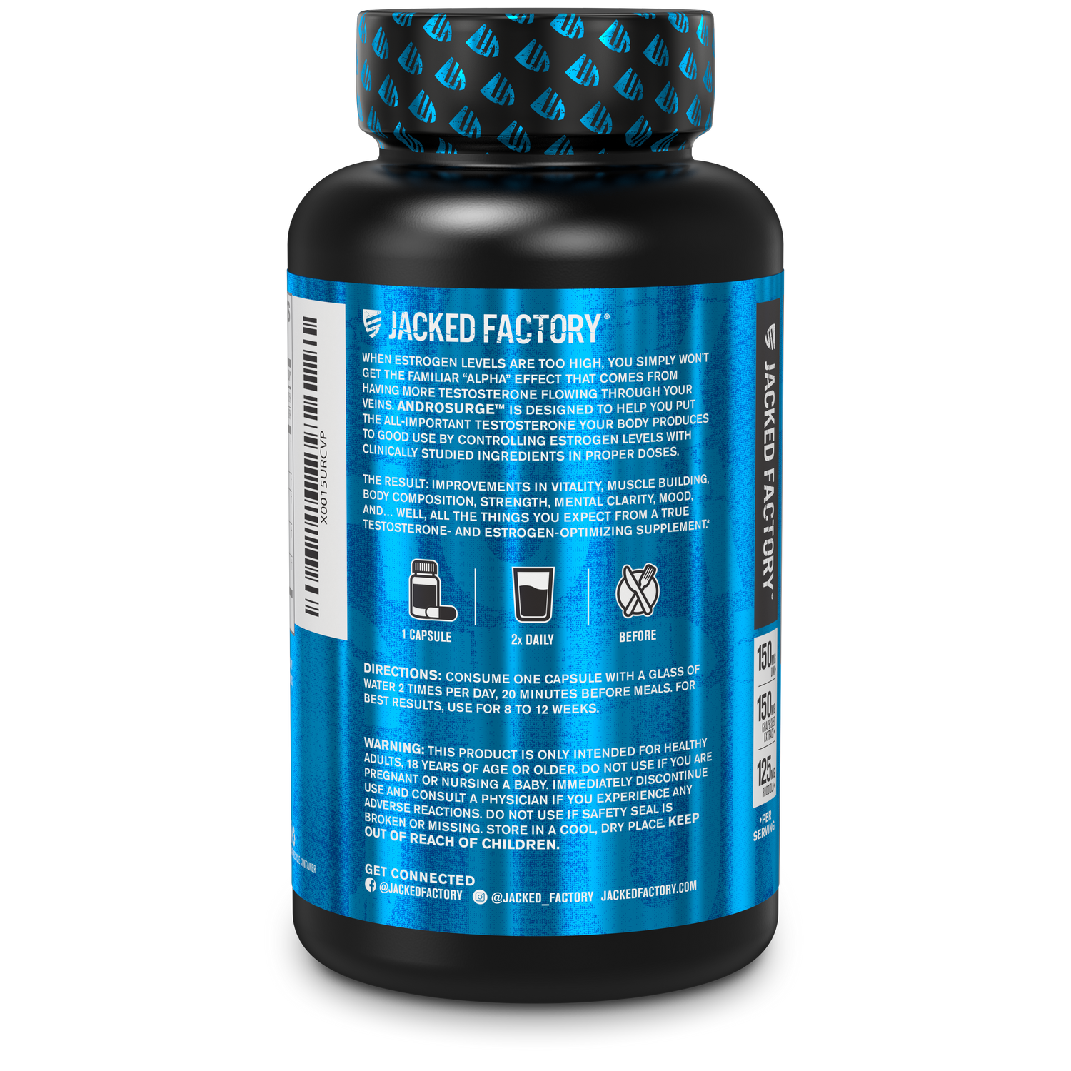 Side of Jacked Factory's Androsurge Estrogen blocker supplement, 60 capsules in a black bottle with blue label showing product description