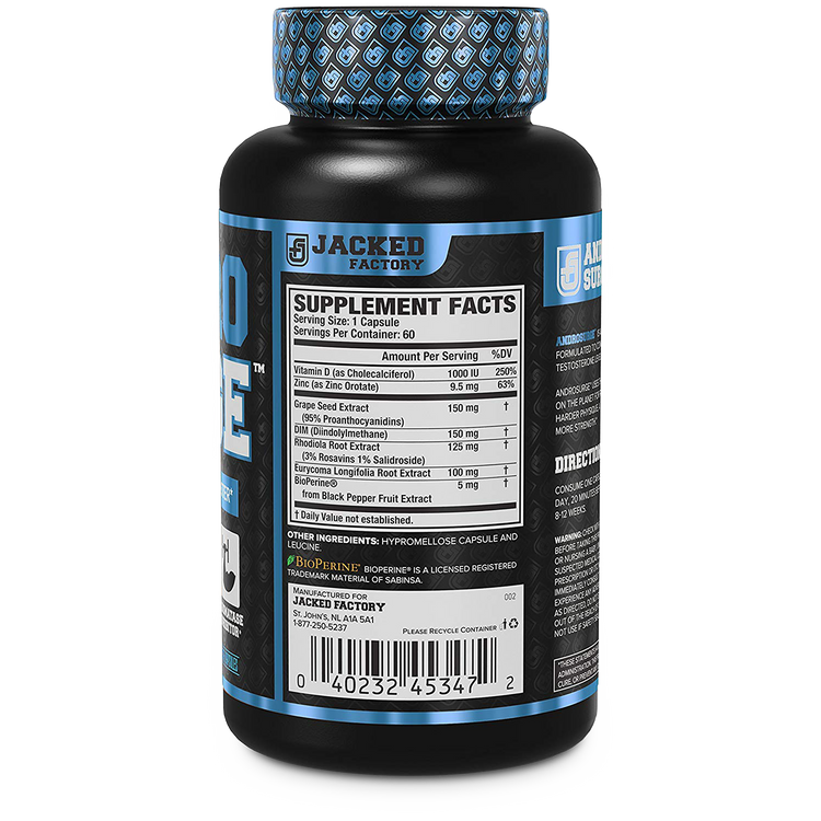 Side of Jacked Factory's Androsurge Estrogen blocker supplement, 60 capsules in a black bottle with blue labelling showing nutritional information