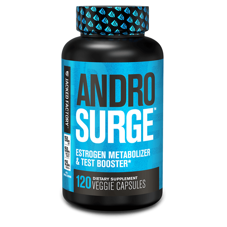 Jacked Factory's Androsurge Estrogen blocker supplement, 120 capsules in a black bottle with blue label