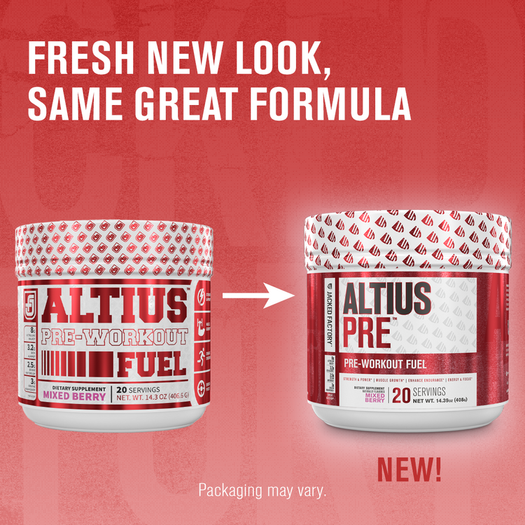 Comparing old  Altius Pre Workout Mixed Berry (20 servings) label to new Jacked Factory Altius Pre Workout Mixed Berry (20 servings) label with the text "FRESH NEW LOOK, SAME GREAT FORMULA". Underneath reads "Packaging may vary."
