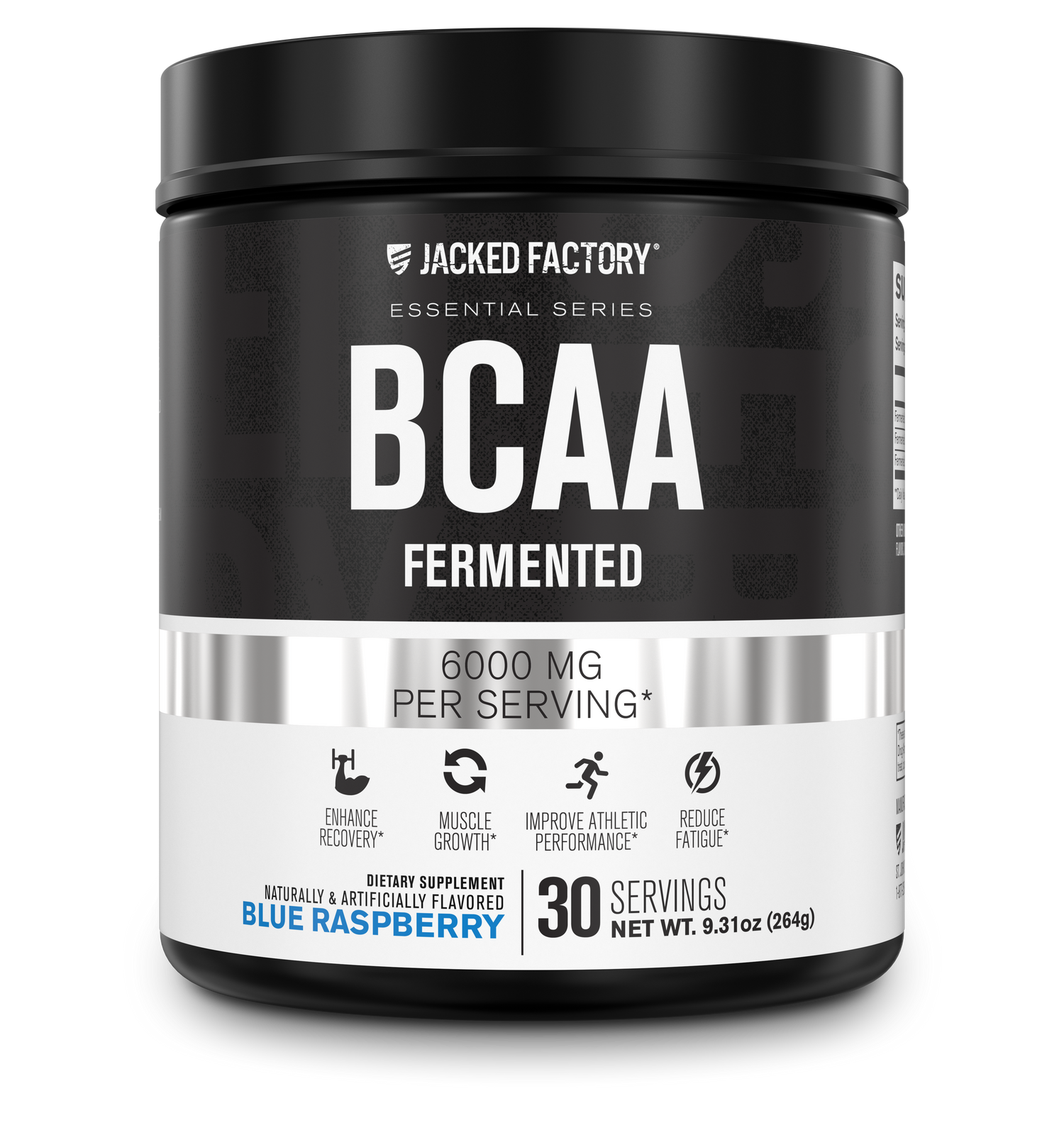 Jacked Factory's 30 servings blue raspberry BCAA Fermented 6000mg in a black bottle with a white and grey label