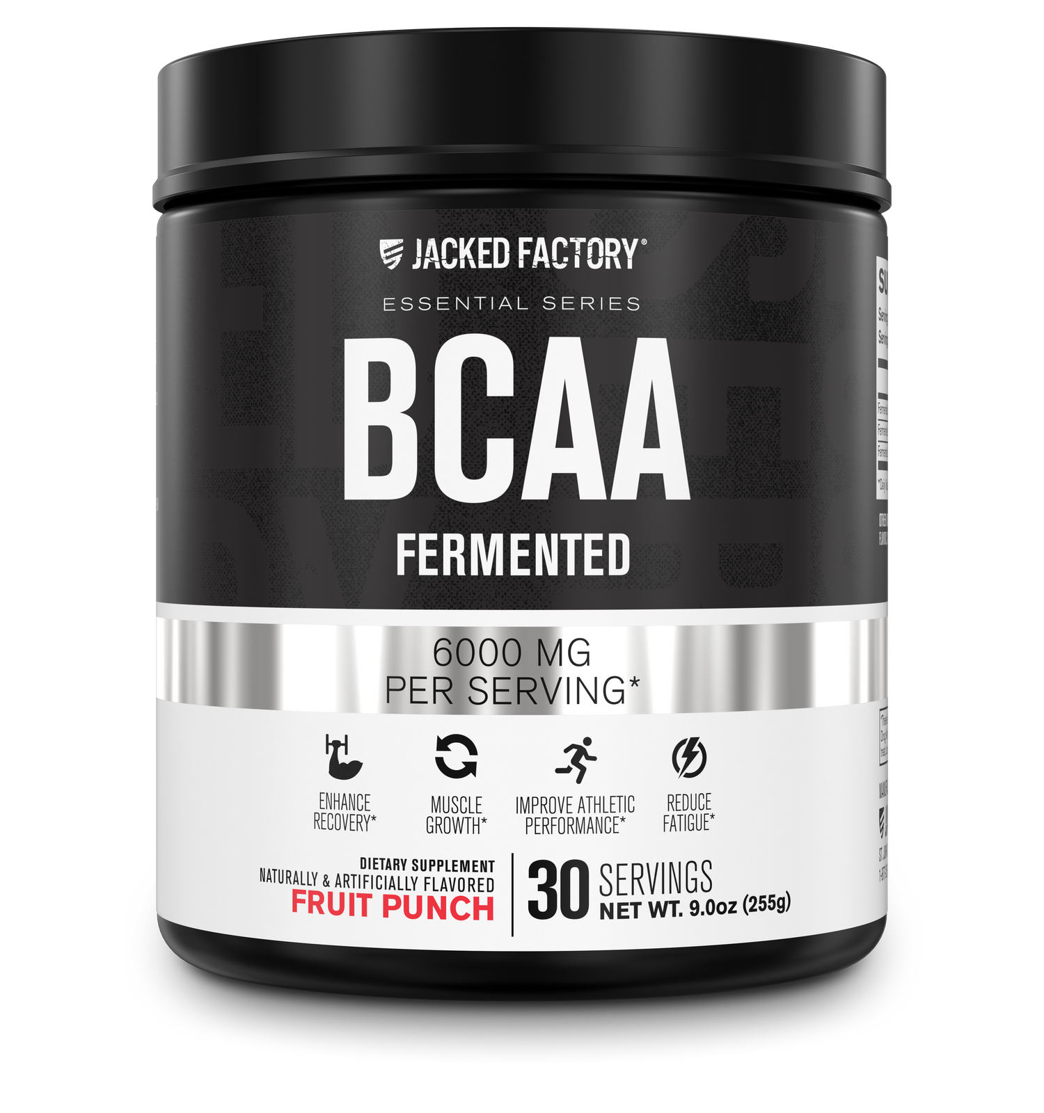 Jacked Factory's 30 servings fruit punch BCAA Fermented 6000mg in a black bottle with a white and grey label