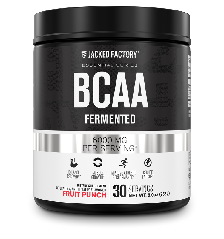 Jacked Factory's 30 servings fruit punch BCAA Fermented 6000mg in a black bottle with a white and grey label
