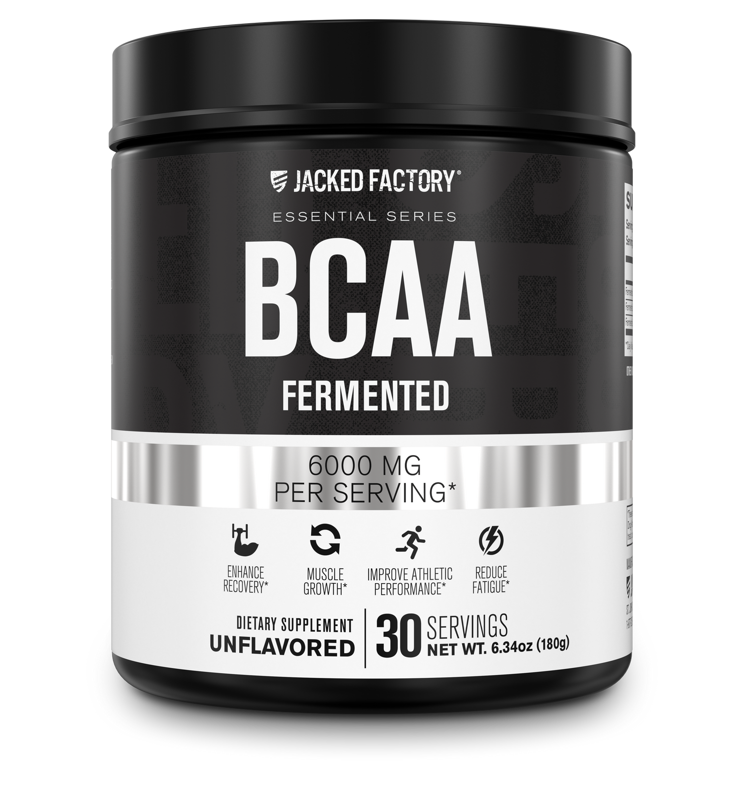 Jacked Factory's 30 servings unflavored BCAA Fermented 6000mg in a black bottle with a white and grey label