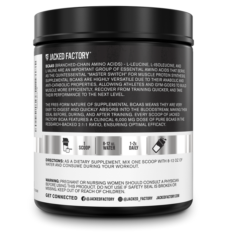 Side of Jacked Factory's 30 servings unflavored BCAA Fermented 6000mg in a black bottle with a white and grey label showing product description