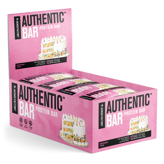 Jacked Factory's 12-pack of Birthday Cake Authentic Bars in a pink box with a birthday cake image