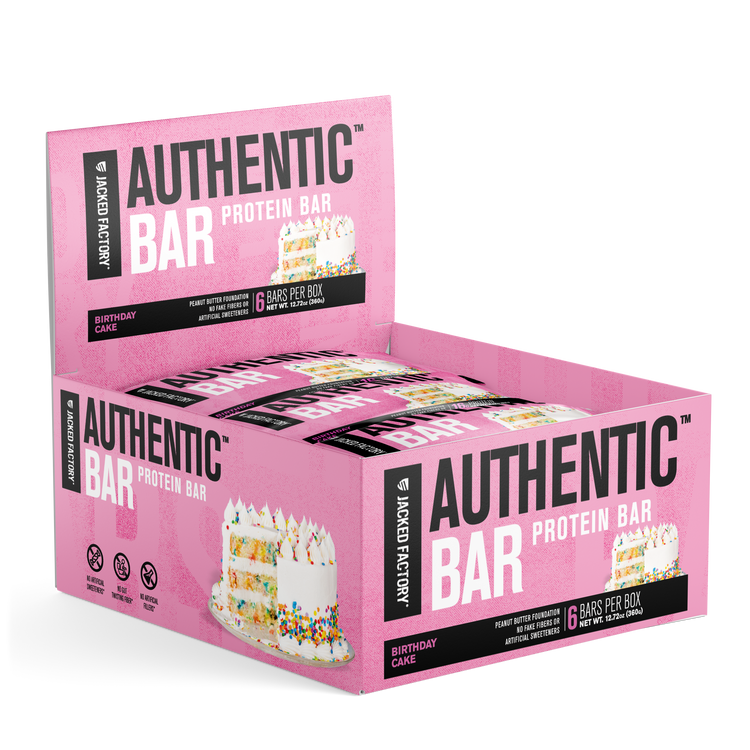 Jacked Factory's 6-pack of Birthday Cake Authentic Bars in a pink box with a birthday cake image