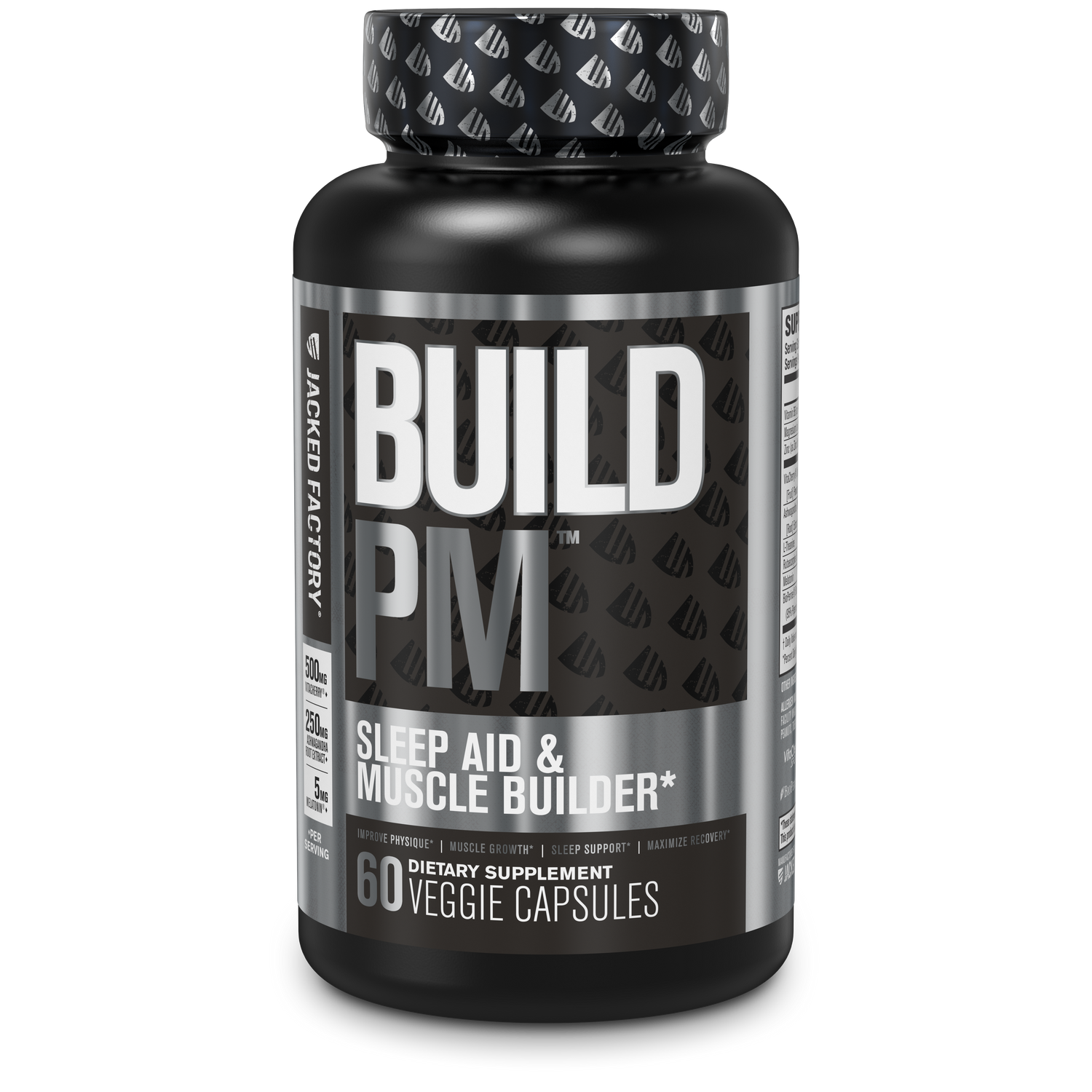 Jacked Factory's Build PM 60 veggie capsules in a black bottle with metallic silver label